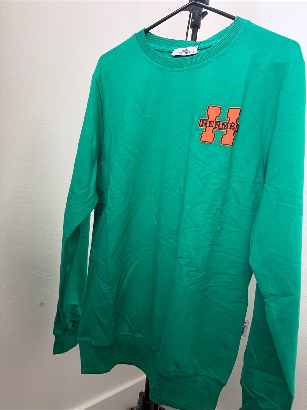 Hermes Green Crewneck Sweatshirt with Orange H Patch